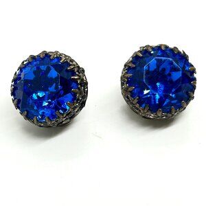 VINTAGE AUSTRIA BLUE Rhinestone Clip On Earrings Round Crystal Statement Sparkle